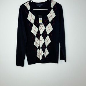 Tommy Hilfiger Black and Cream V-Neck Sweater